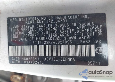 2004 Toyota Camry Le from USA, damaged, VIN 4T1BE32K74U927095